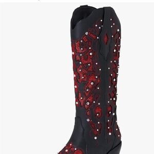 Women's Black and Red Embellished Boots
